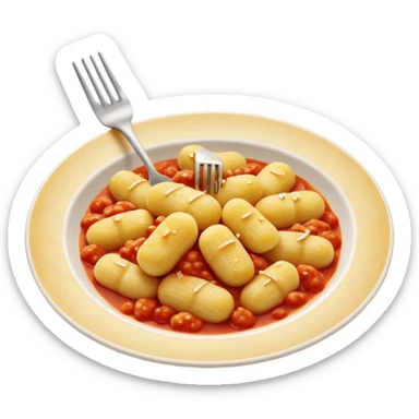 Gnocchi Cinematic Realistic Gnocchi Dish Emoji, depicted as tender oblong potato gnocchi garnished with iconic fork marks on top, rendered with soft textures and warm, inviting lighting. add red sauce sticker
