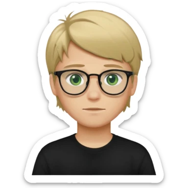 Generate me a profile picture like with a teenage boy who has dirty blond hair, green eyes, glasses and a black t-shirt sticker