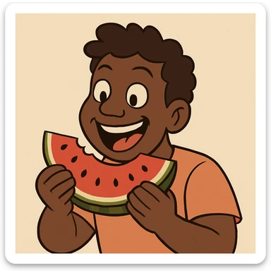 a Black person eating a slice of watermelon, friendly and joyful, respectful and positive, cartoon style sticker