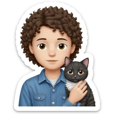 Apple emoji of a curly hair and dark brown eyes 13 year old boy with denim shirt and overalls with a black and white cat sticker