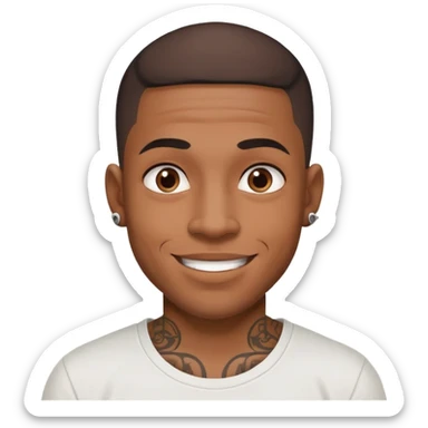 black man with small face tattoos, cheerful expression, wearing a t-shirt sticker