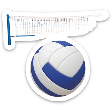 A close-up of a volleyball on the court, with the net in focus and the court markings visible. The background shows the stands filled with spectators, creating an energetic atmosphere of a volleyball match, with attention to detail on the equipment and the surrounding environment. sticker