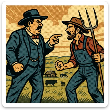 The full body of a wealthy cattle baron from the 1870s American West in an argument facing a homestead settler holding his pitch fork.  In the background is the Great Plains with cattle and horses sticker