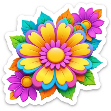 3D, psychedelic colored banner with hippie style flower border sticker