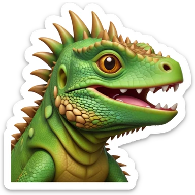 Cinematic Comical Iguana Portrait Emoji, Head tilted dramatically with an exaggeratedly shocked expression, featuring a robust, textured body with a quirky, spiky crest and wide, comically expressive eyes full of playful disbelief, Simplified yet hilariously expressive features, highly detailed, glowing with a slightly sassy jungle glow, high shine, dramatic yet playful, stylized with an air of quirky reptilian mischief, soft glowing outline, capturing the essence of a meme-worthy iguana that looks ready to side-eye its way into viral fame! sticker