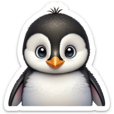 Cinematic Cute Baby Penguin Portrait Emoji, Head tilted playfully and inquisitively, with irresistibly fluffy plumage accented by a tiny beak and round, sparkling eyes filled with wonder, Simplified yet irresistibly adorable features, highly detailed, glowing with a warm, friendly polar glow, high shine, affectionate and lively, stylized with a touch of whimsical charm, bright and endearing, soft glowing outline, capturing the essence of a mischievous yet loving penguin that feels like it could slide out of the screen into your arms! sticker
