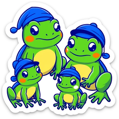 a family of frogs wearing blue hats, parent frogs and baby frogs all together sticker
