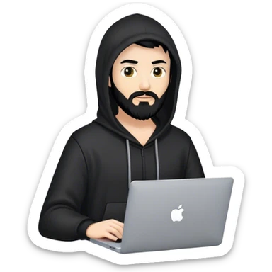 hackeur blanc cheveux noir barbe et capuche noir avec un macbook sticker