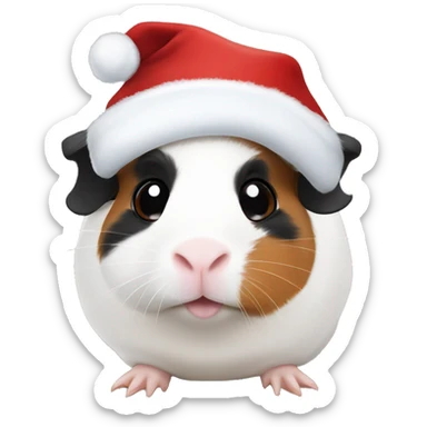White Guinea pig with black on one eye and brown on the other eye with Christmas hat sticker