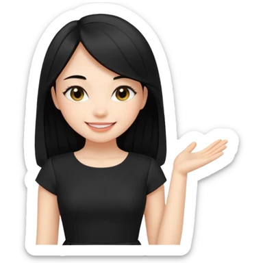 Juni – Cewe ramah  Kulit putih bersih, rambut hitam panjang sleek lurus. Pakai peplum item .  tatapan percaya diri senyum. setengah badan sticker