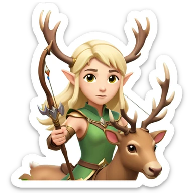 clash-of-clans-aesthetic-blond-elf-archer-portrait-emoji, rendered in a flat, vector-style with minimal shading and bold, simplified shapes, head tilted slightly forward with a determined, focused expression, riding a majestic stag whose luminous antlers glow with mystical energy, set against an ancient, enchanted forest backdrop. sticker