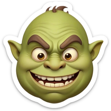 Cinematic Comical Ogre Portrait Emoji, with a strikingly exaggerated, bulky figure in vivid earthy greens and browns, head tilted in a dramatically surprised expression with wide, comically bulging eyes and a goofy, oversized grin, simplified yet hilariously exaggerated, highly detailed with a soft, cartoonish glowing outline capturing the playful absurdity of a meme-worthy ogre! sticker