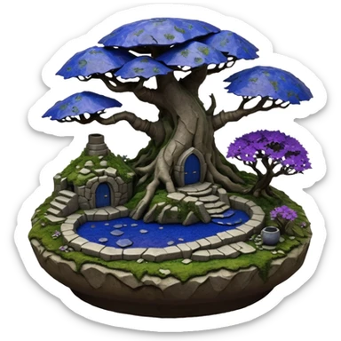  Ancient saucer-castle jungle winding trail mountainside getaway haunted nighttime hobbit landscape antique mudman very old broken cracked intricately detailed Stone Age lapis-crusted irregular dodecagon-shaped shallow dark moss rough bark violet flowered maple bonsai Saikei coffee table-sized pot  sticker