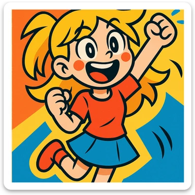 excited girl with blonde hair, pale skin, and silver eyes, vibrant energetic style sticker