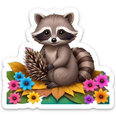 Collage of an exotic raccoon and a hedgehog, both with cute expressions, sitting together on a bed of colorful leaves and flowers. The raccoon is holding a shiny object, while the hedgehog curls up in a playful pose. Bright, nature-inspired background with vibrant colors. sticker