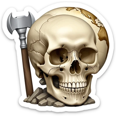 An icon featuring a human skull and fossilized bones, symbolizing the study of anthropology. The design includes archaeological tools like a pickaxe and brush, with a background of ancient artifacts and a globe. Transparent background emphasizes the exploration of human history and evolution. sticker