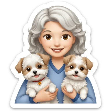 silver, short, wavy-haired with loose curls, smiling pretty lady holding a white terrier and a white/tan shih tzu dog sticker