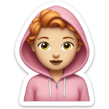 Red hair girl with short hair and white skin, green-gray eyes, pretty face, big lips in pink hoodie with macbook and white skin sticker