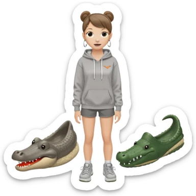 can you make a white girl with brown hair that is in a bun  and brown eyes and a normal white person nose and then she is wearing a grey hoodie mclaran formula 1 and wearing dirty white crocs with taylor swift gibits, 3 on each croc and she has 4 ear peiecings and hoop and stud and black shorts
 sticker
