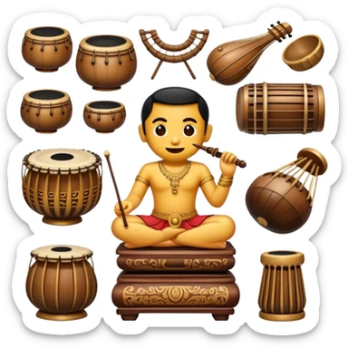 Cinematic Realistic Gamelan Pop Culture Emoji, depicted with an ensemble of traditional Indonesian instruments rendered with rich textures and rhythmic, cultural lighting. sticker