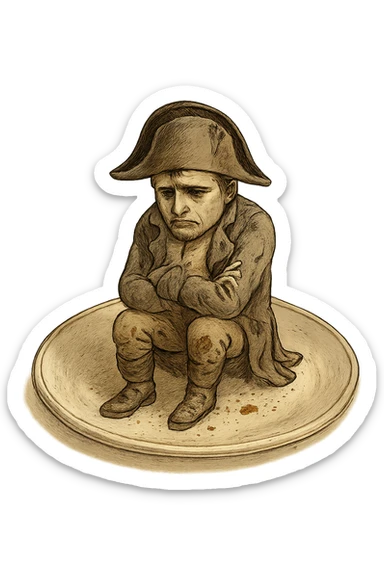 Сгенерируй мне такую же тарелку, только чтобы на ней сидел наполеон бонапарт, грустный, в чуть чуть рваной одежде. ТОРТ УБЕРИ ПОЛНОСТЬЮ. На прозрачной фоне  sticker