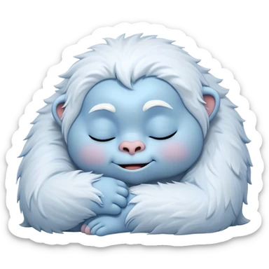 Meme-Worthy Cute Sleeping Yeti Portrait Emoji, with a charming, fluffy, snow-dusted figure in gentle whites and cool blues, head resting in blissful, serene slumber with closed, peaceful eyes and a small, contented smile, simplified yet irresistibly adorable, highly detailed with a soft frosty outline that captures the tender drowsiness of a yeti drifting into snowy dreams! sticker