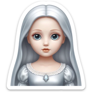 Cinematic, Ultra realistic 32k HD, hauntingly beautiful doll, Balanced features, highly detailed, glowing with silver light, high shine, remembrance, a painting of white silver, fanciful, enchanting, ghostly. The image is so lifelike it feels as though it could leap off the canvas at any moment sticker