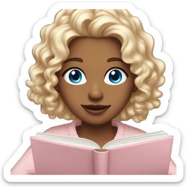 Beautiful girl with blue eyes and wavy hair, with a light blue outfit smiling Pretty blue eyed white girl with light pink sweater reading cozy sticker