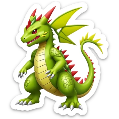 Cool cute shiny futuristic Guilmon-Flygon-Tyranitar-Digimon-hybrid-fusion, yellow belly, full body sticker