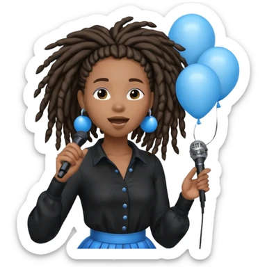Black girl Stud with dreadlocks singing dressed in black 1,2,3 release em with white and blue balloons flying overhead emoji like with mic in hand  sticker