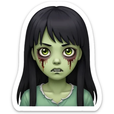 zombie girl emoji with black eyes, long black hair and bangs, greenish skin sticker