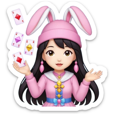 pixel art chibi gear asian girl with dark long hair in pink bunny ears hat magical girl with kawaii tarot cards thrown in air pixel emoji sticker