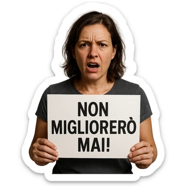 DONNA CHE TIENE UN CARTELLO IN MANO CON LA SCRITTA "NON MIGLIORERò MAI!", iperrealistico 4k sticker