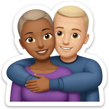 black woman hugging white man with buzz cut.  sticker