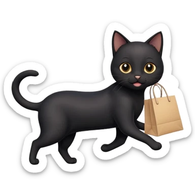 A cute black cat emoji in Apple-style, shown in side view like 🏃, running on four legs with a shopping bag in its mouth. Smooth gradients, soft shading, rounded features, and cheerful mood. sticker