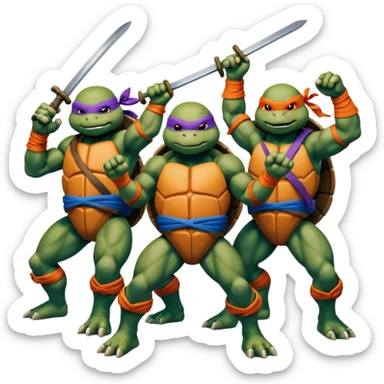 Give me a picture of 4 teenage mutant ninja turtles. Make them hold a fighting pose. One should be red, another orange, another purple, another blue sticker