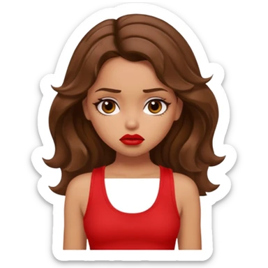 generate a pretty tan bratz girl with brown wavy hair long wearing a red tank top, red lipstick. Looking sad sticker