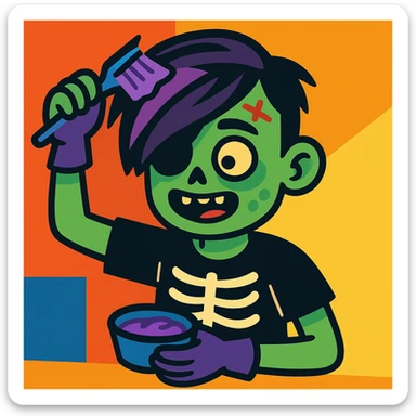 zombie boy with side-swept emo bangs, applying purple hair dye, quirky, fun sticker