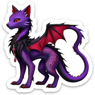 Kawaii feral, four-legged gothic dark badass black, red, purple, beautiful pretty elegant divine edgy feline-vernid-sergal-Haku-dragon-fursona-animal-creature, full body, with intricate detailed markings, silken shawl sticker