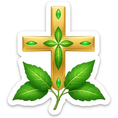 "A clean, friendly emoji of three vibrant green Tulsi (Holy Basil) leaves centered over a small, glowing golden cross or 'plus' sign, symbolizing healing. Simple, flat, 32x32 pixel icon style. Transparent background. Icon for natural healing and wellness." sticker