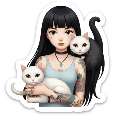 girl with long black  straight bangs hair and tattoos and a white cat sticker