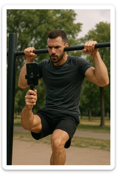 uomo che fa Muscle up e si sta filmando davanti con il telefonino per vedere la sua posizione dei gomiti e delle mani sulla sbarra sticker