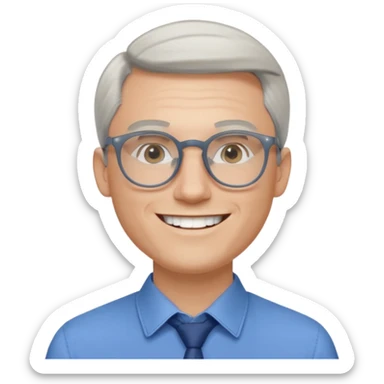 30 yr old pale white man, white/grey side swept stylish hair, round glasses, big smile, white teeth, handsome, longer hair, thin glasses, blue dress shirt sticker
