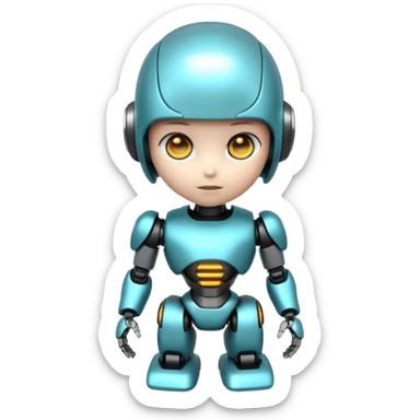 Cute futuristic chibi humanoid robot with large rounded head, add text on chest "LMX". glossy black and grey metal body, glowing cyan and amber eyes, visible joints, confident pose, white background, high-detail 3D render,  sticker
