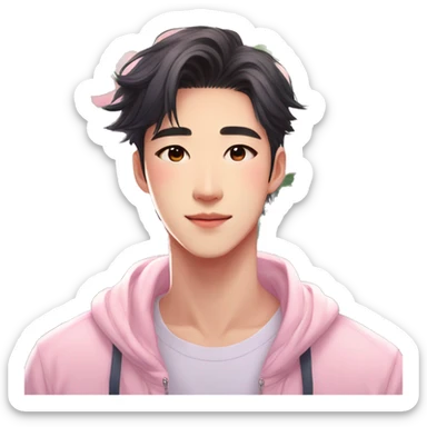 Gorgeous bright sparkly romantic Asian anime pastel guy with blushing face and flowers aesthetic trending style outside sticker