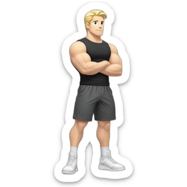 Full height Pale skinned fit man With Wide jaw, biceps and blonde hair In dark gray sleeveless mike, black oversize sports shorts, watch and white sneakers. his arms crossed over his chest sticker