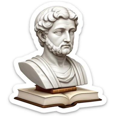 An icon featuring a classical bust, a book of philosophy, symbolizing the study of philosophy. The design includes an abstract symbol of thought and reasoning, representing deep intellectual inquiry and exploration of ideas. Transparent background sticker