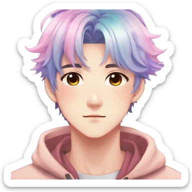 Gorgeous anime style shojo dude with blushing face aesthetic and pretty colorful shiny gradient pastel hair trending style sticker