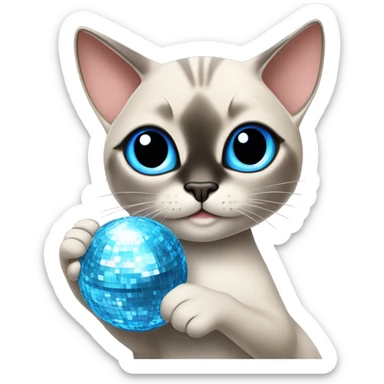 blue eyed siamese Tabby mixed cat holding a disco ball sticker