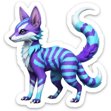 Feral Rare Fantasy  Lightning-strike-zig-zag-patterned striking purple-indigo-violet-blue-cyan-gradients with black points, white underside, galactic stormy edgy badass realistic Vernid-Sergal-Genet-Trico-species by LiLaiRa, random markings, tufted tail, tufted ears, full body sticker